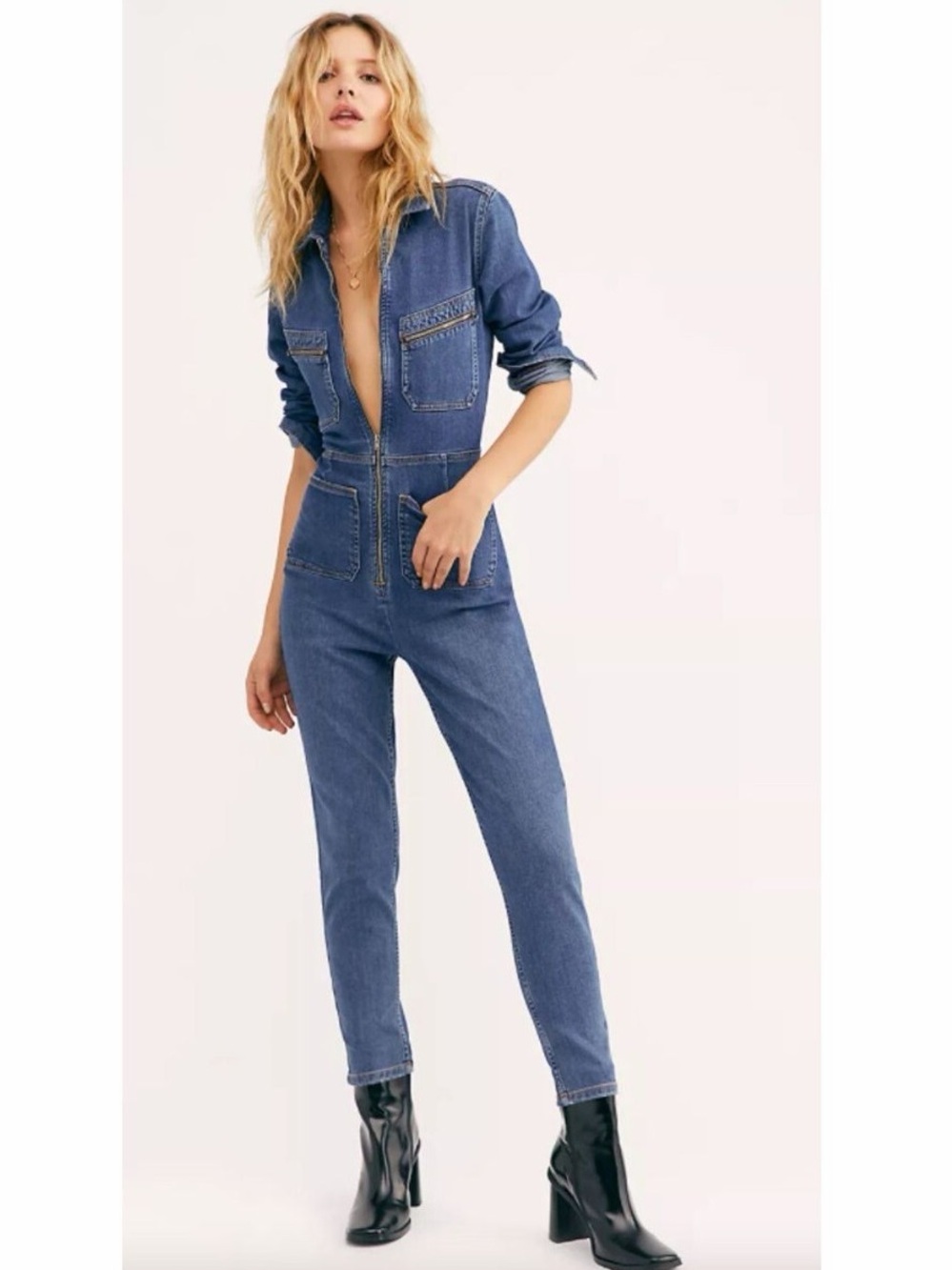 Free People Lennox Jumpsuit in Blue Denim NWOT